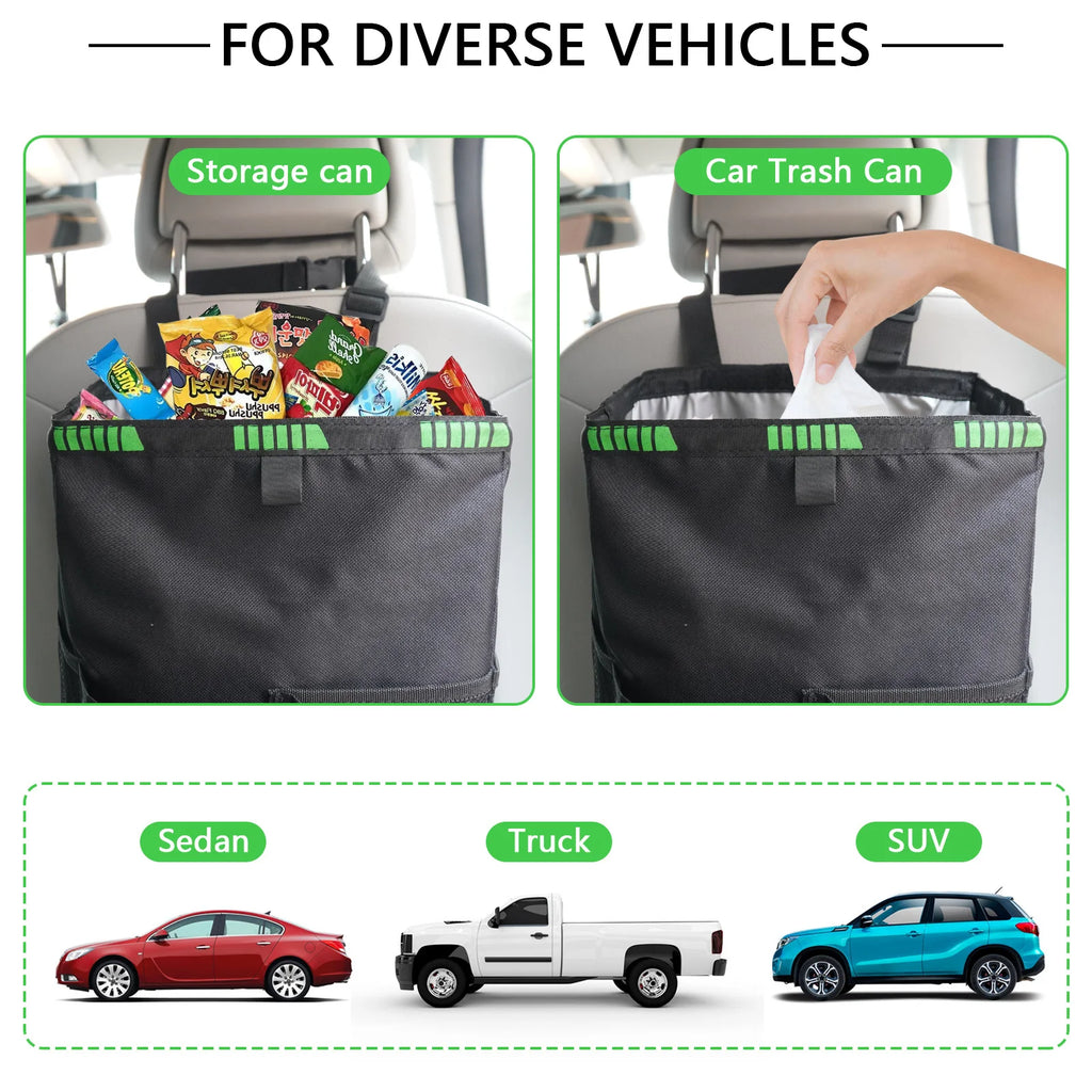 Car organizer with storage can and car trash can compartments, suitable for various vehicle types.