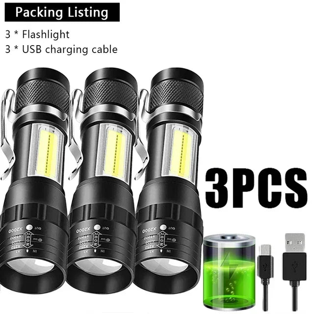 USB Rechargeable Mini COB+XPE Flashlight – Zoomable, 3-Mode, Pen Clip, 350 Lumen Camping Torch