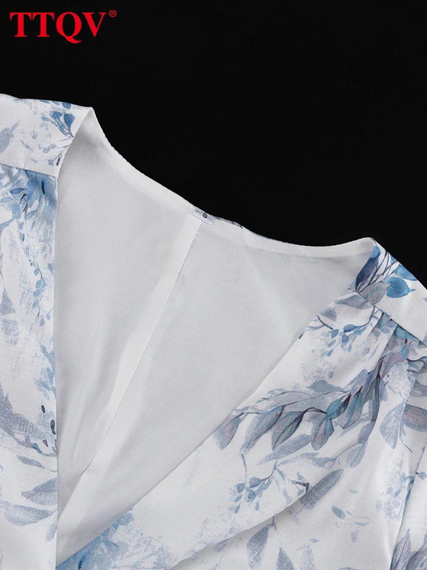 Women's Slim Print V-Neck Ruffle Mini Dress – Elegant Short Sleeve Streetwear Dress 2026