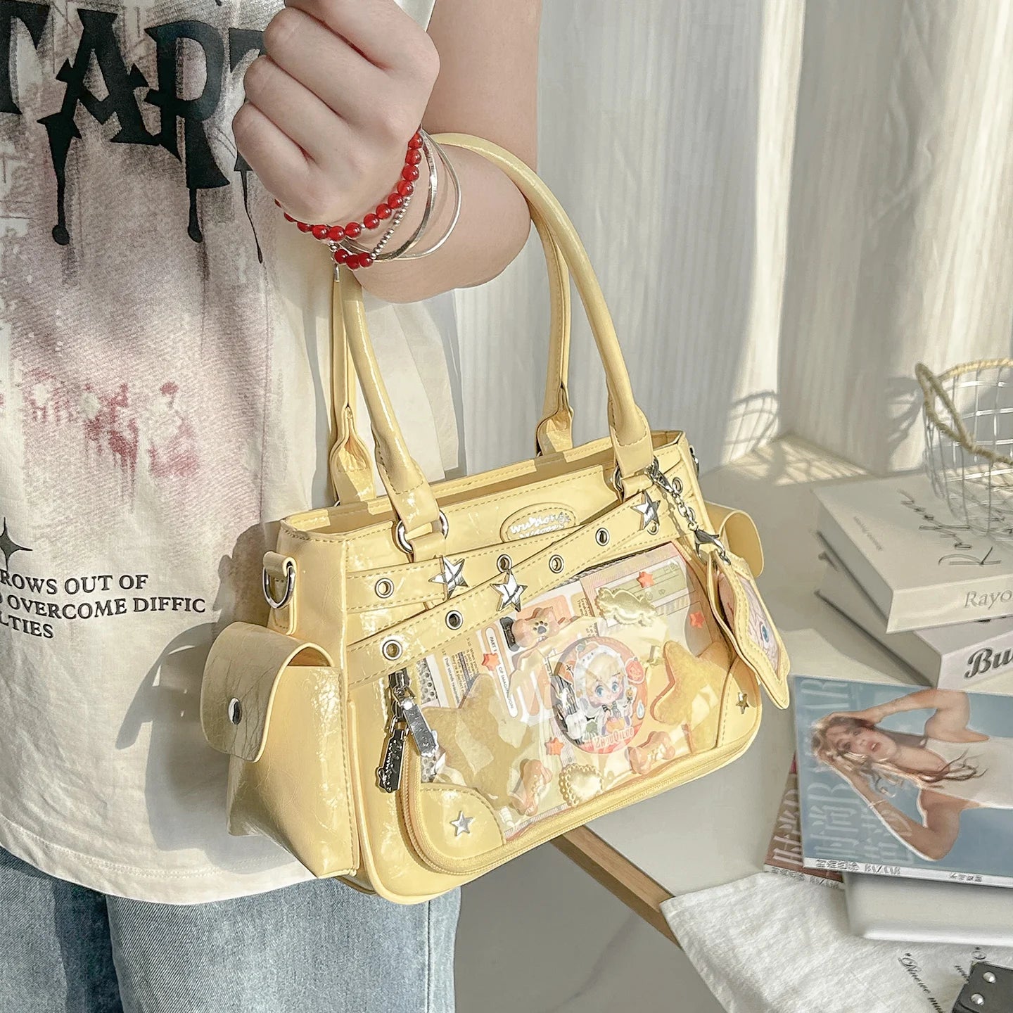Miyagawa Transparent Rivet PU Tote Bag – Multi-Function Crossbody Shoulder Handbag for Women