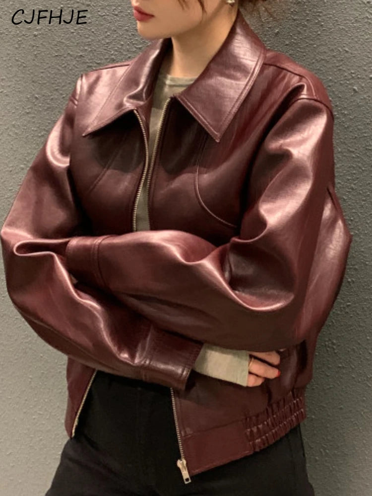 Women's Cropped Faux Leather Jacket – Lapel Zip Front