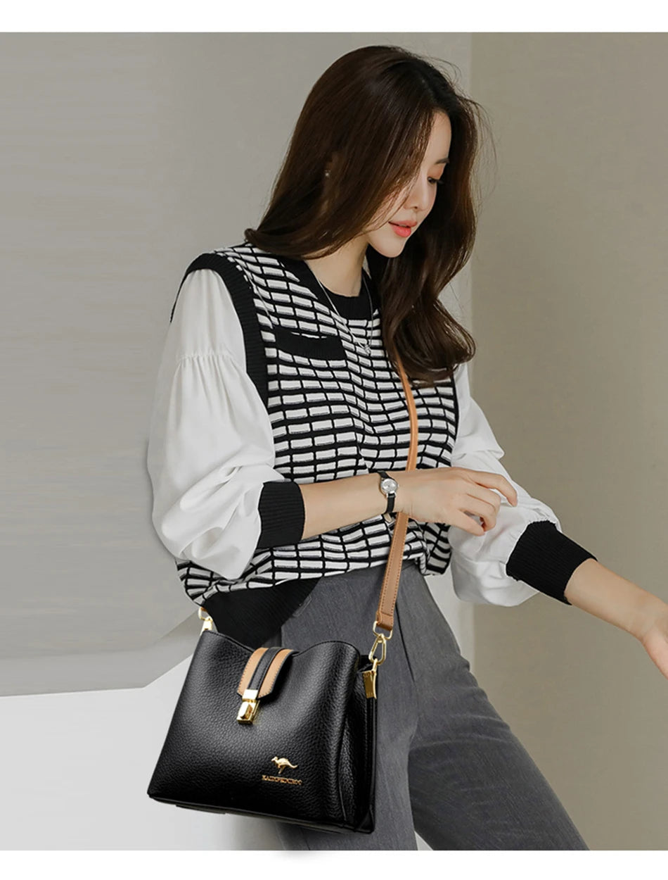 KMFFLY Patchwork Lock Square Shoulder Crossbody Bag – High Capacity PU Leather Handbag for Women