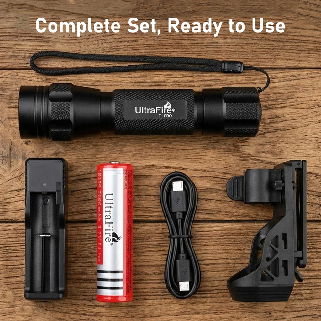 UltraFire T1 Pro Tactical Flashlight – 1200 Lumen, 5 Modes, W66 Belt Holster, IP65, 18650 Rechargeable