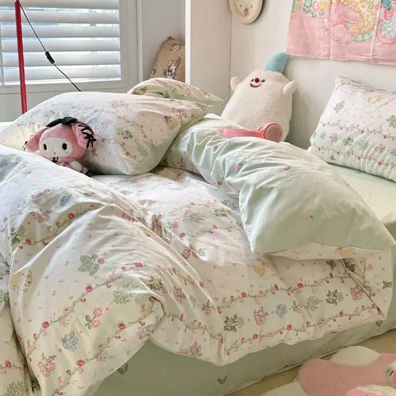 Vintage Floral Duvet Cover Set – Korean Ins Style Bedding Kit with Flat Sheet & Pillowcases, Single to Queen