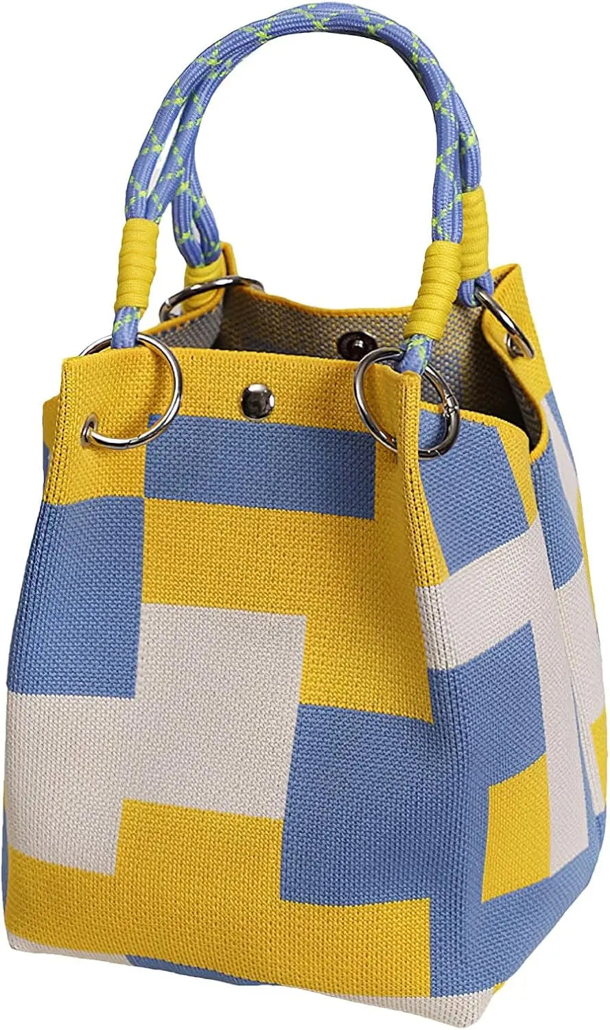 Mini Knitted Geometric Colorblock Bucket Bag – Detachable Handle Wristlet Purse for Women