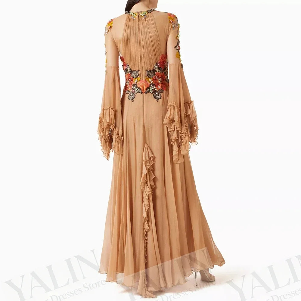 O-Neck Full Sleeve Flower Ruched Prom Gown — A-Line Floor-Length Formal Dress Customized