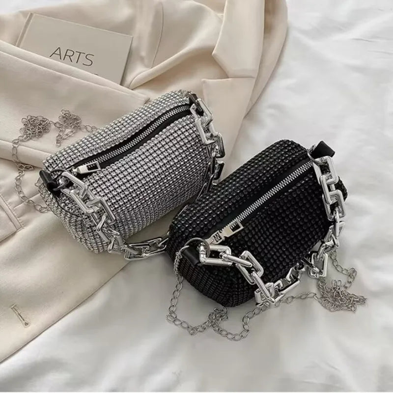 Rhinestone Glitter Mini Crossbody Bag – Chain Prom Purse Pillow Shoulder Bag for Women