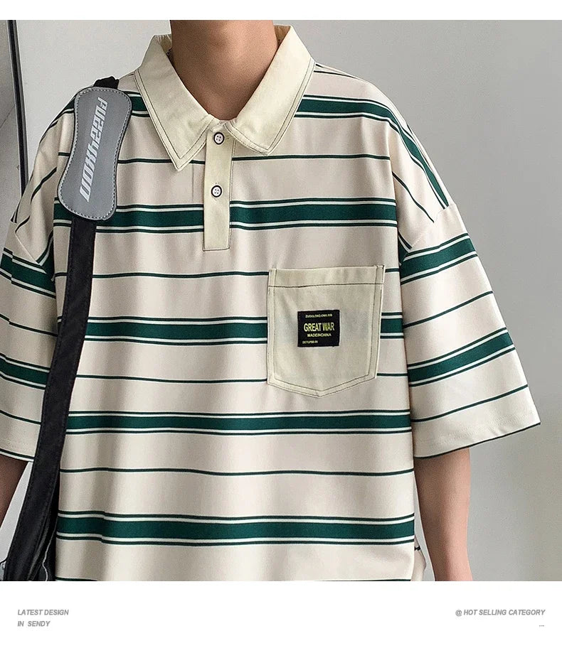 Men's Striped Polo Shirt — Loose Fit Short Sleeve Casual Summer Top