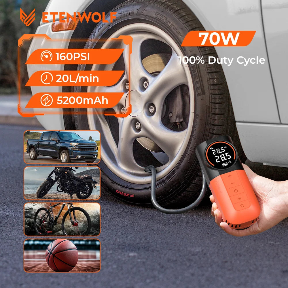 Portable Tire Inflator with Built-In Hose and Storage
