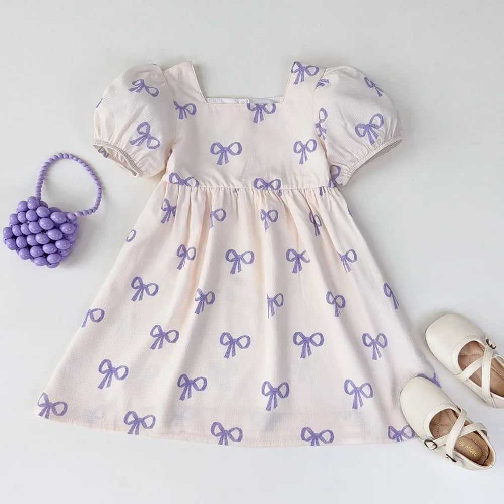 Bow Print Girls Casual Dress — Short Sleeve Sweet Summer Dress (3–7 Years)