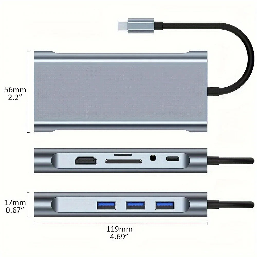 10-in-1 USB-C Hub — 4K HDMI, 100W PD Charging, USB 3.0, SD/TF Card Reader, RJ45 Ethernet