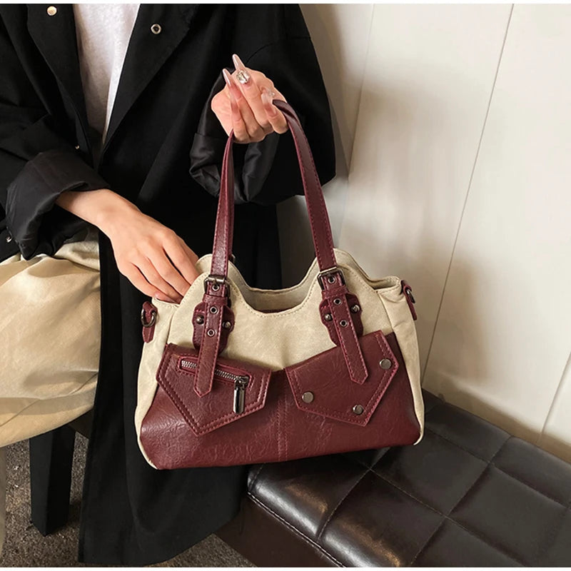 Retro Color-Block Satchel Shoulder Bag – European Style PU Leather Tote Handbag for Women