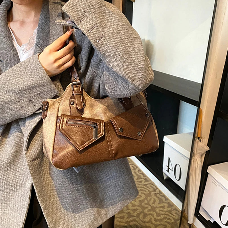 Retro Color-Block Satchel Shoulder Bag – European Style PU Leather Tote Handbag for Women