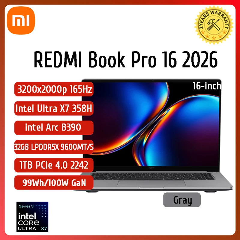 Xiaomi Redmi Book Pro 16 2026 – 3.2K 165Hz, Intel Core Ultra 7, 32GB DDR5, 1TB SSD, 99Wh Battery