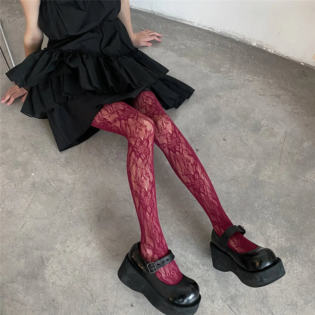 Lolita Floral Thigh-High Fishnet Stockings — Sheer Patterned Hosiery
