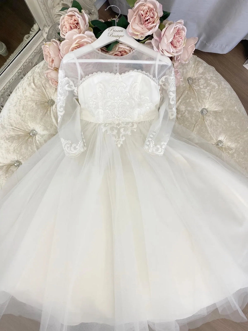 Long Sleeve Flower Girl Dress — White Lace Tulle First Communion & Bridesmaid Dress
