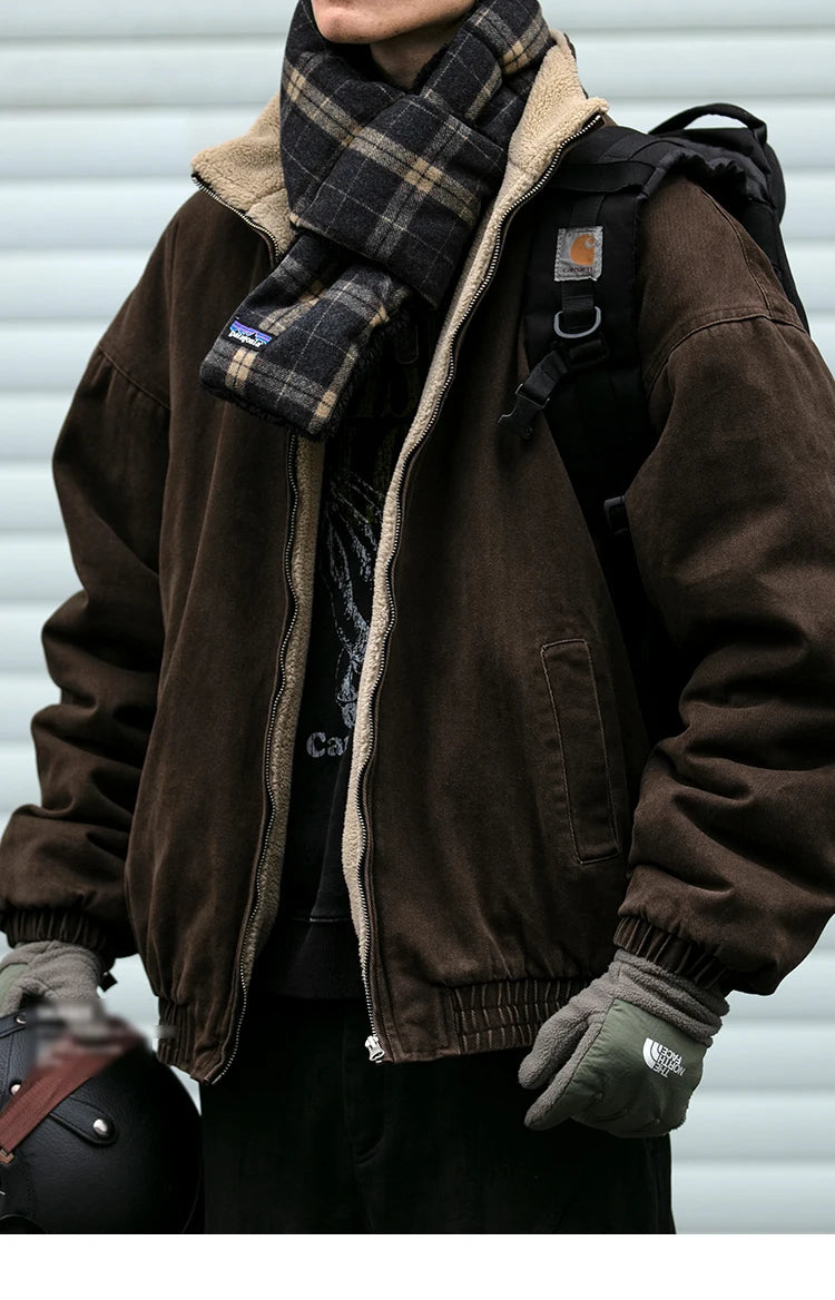 Men's Vintage Polar Fleece Jacket — Korean Streetwear Loose Warm Coat
