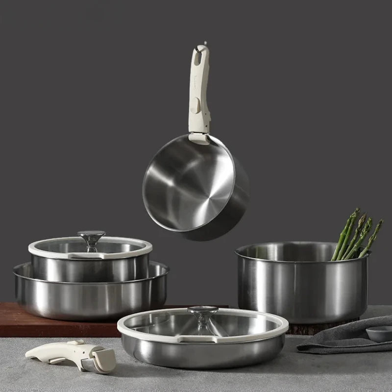 Stainless Steel Cookware Set – Detachable Handle & Nesting Design
