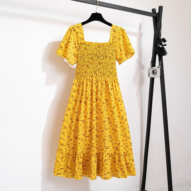 Women's Chiffon Floral Pleated Midi Dress – Short Sleeve Elastic Waist Backless Casual Dress