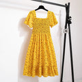 Women's Chiffon Floral Pleated Midi Dress – Short Sleeve Elastic Waist Backless Casual Dress
