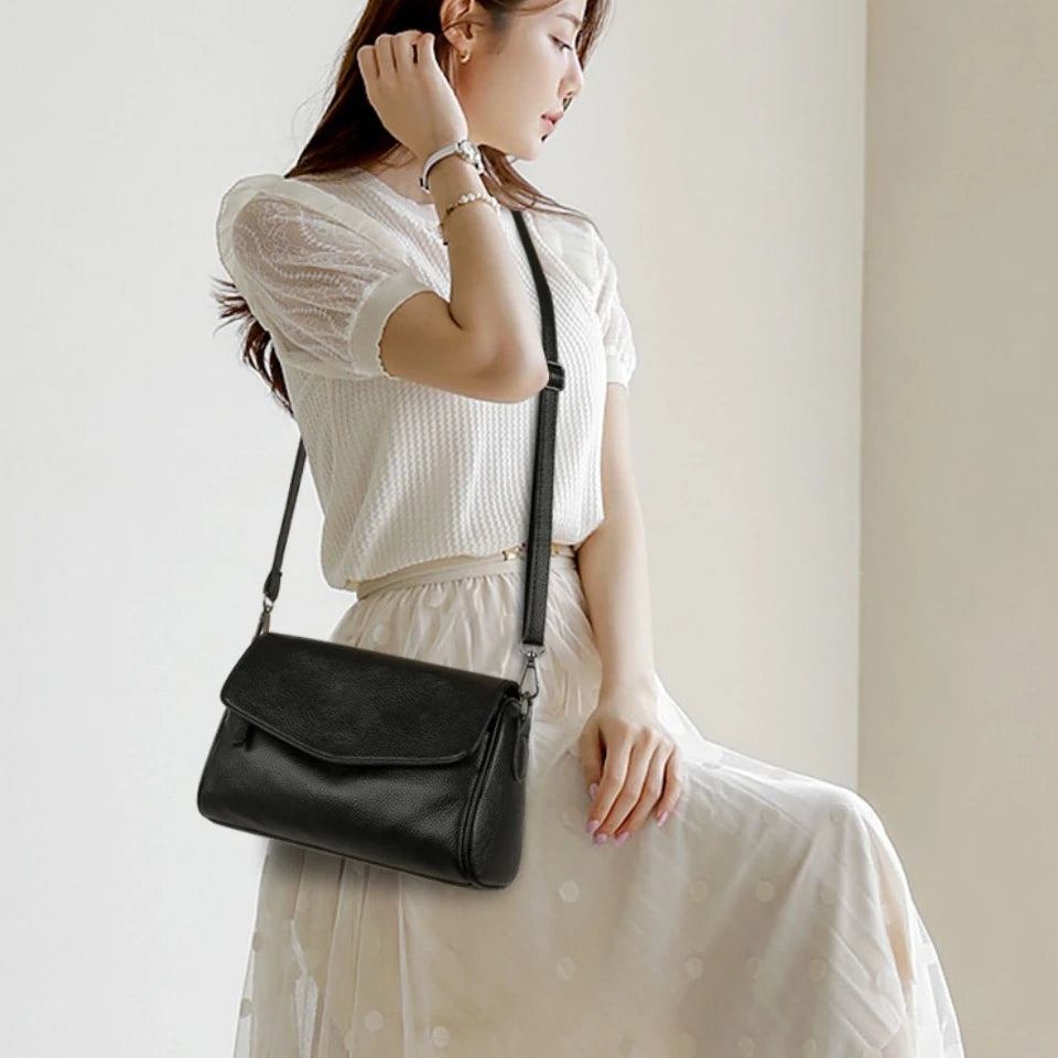 VANDERWAH 100% Genuine Cow Leather Flap Crossbody Shoulder Bag – Designer Messenger Handbag for Women