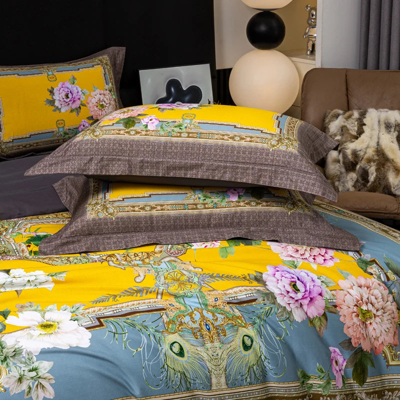 600TC Egyptian Cotton Bedding Set – Birds & Flowers Leaf Print, 16 Colors, Queen to US King