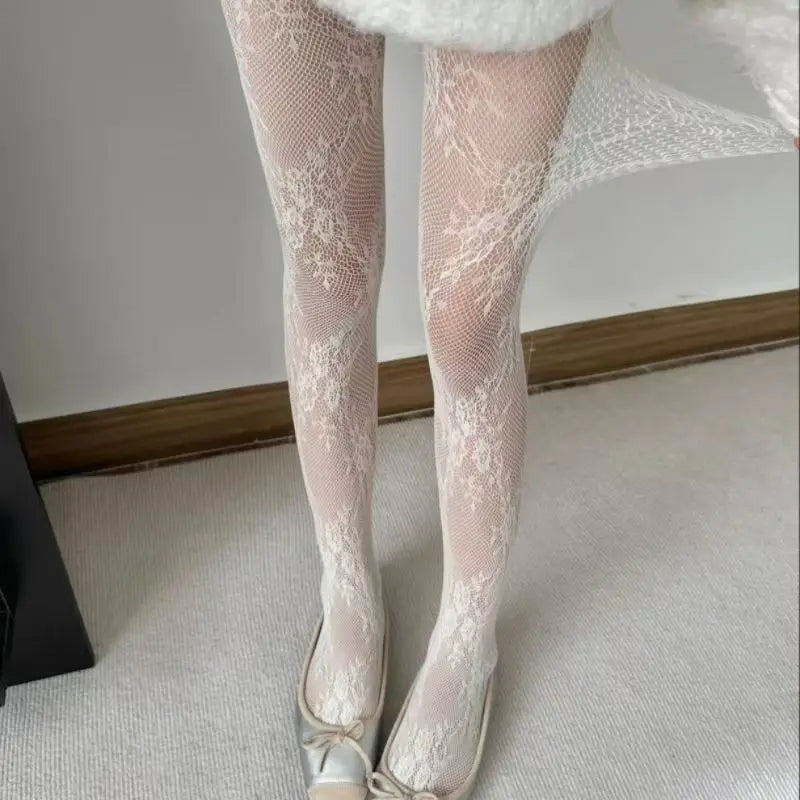 Lolita Floral Thigh-High Fishnet Stockings — Sheer Patterned Hosiery