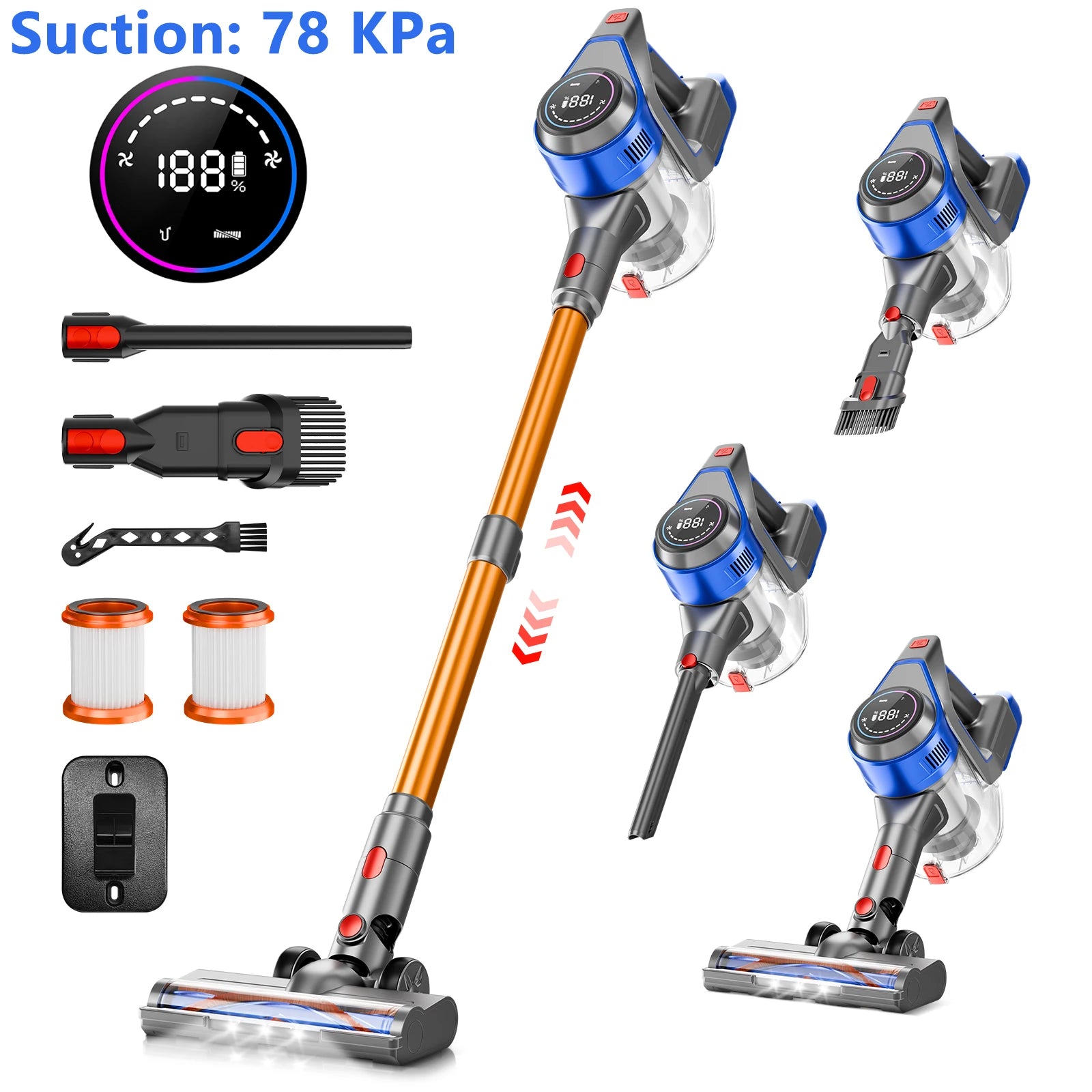 Honki 78KPA Cordless Vacuum Cleaner — LED High Power Wet & Dry Handheld for Pet Hair & Carpet