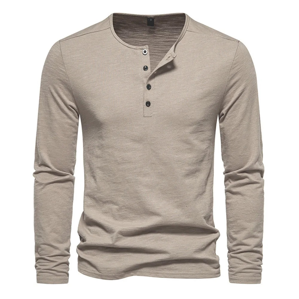 Men's Cotton Slim Fit Long Sleeve T-Shirt — Button Neck Casual Fitness Tee