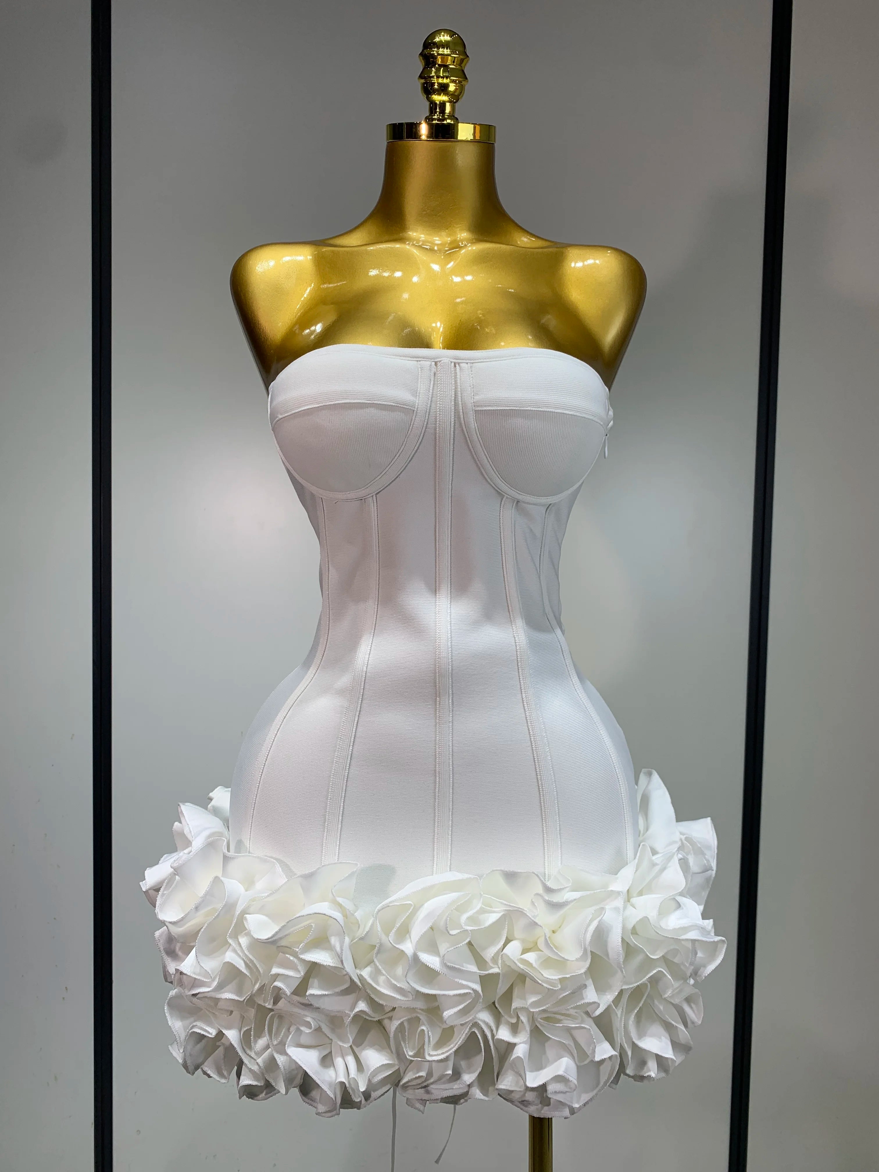 Flower Embellished Strapless Bandage Mini Dress — Backless Bodycon Celebrity Party Dress