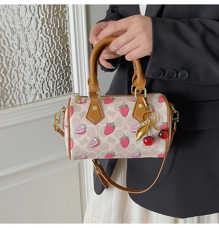Cherry Print PU Leather Boston Crossbody Shoulder Bag – Luxury Designer Handbag for Women