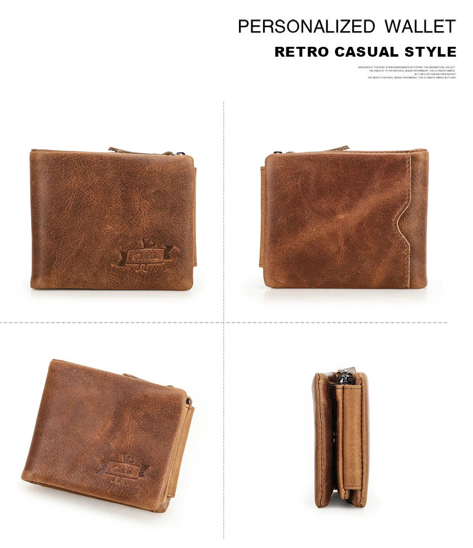Genuine Cowhide Leather Men's Trifold Wallet – Vintage Crazy Horse Leather Zip Coin Pocket Purse