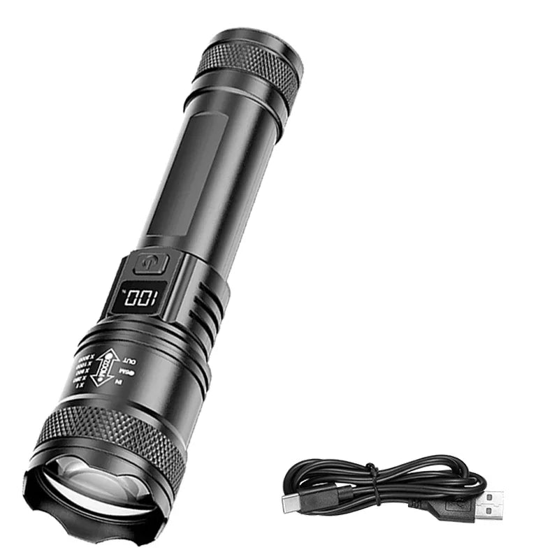 2000 Lumen P50 LED Tactical Flashlight – IP67 Waterproof, Telescopic Zoom, LCD Display, Type-C Rechargeable