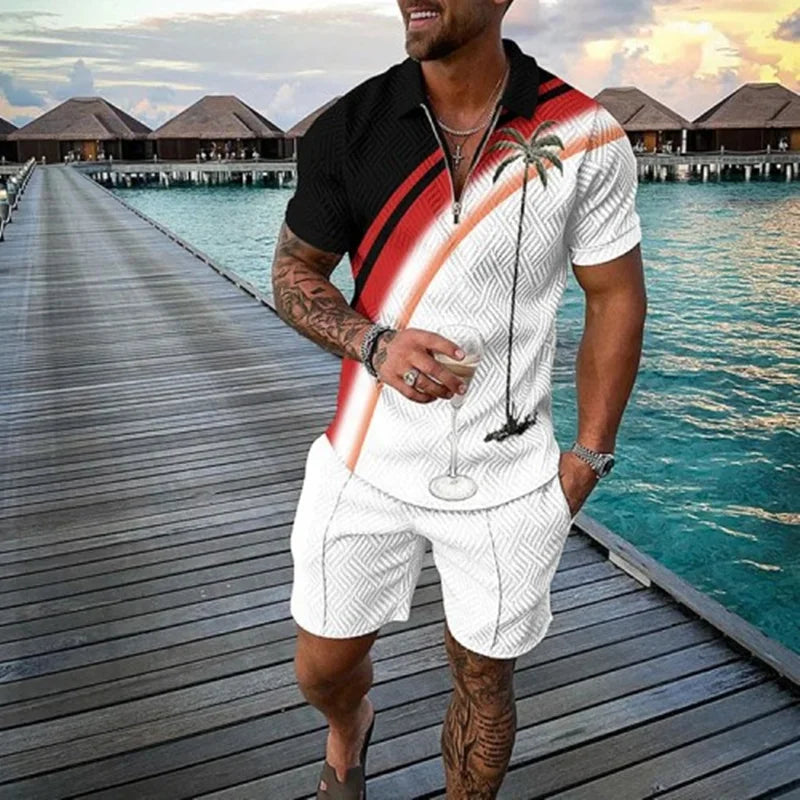 Men's 3D Printed Summer Tracksuit Set – Short Sleeve Polo Shirt & Shorts