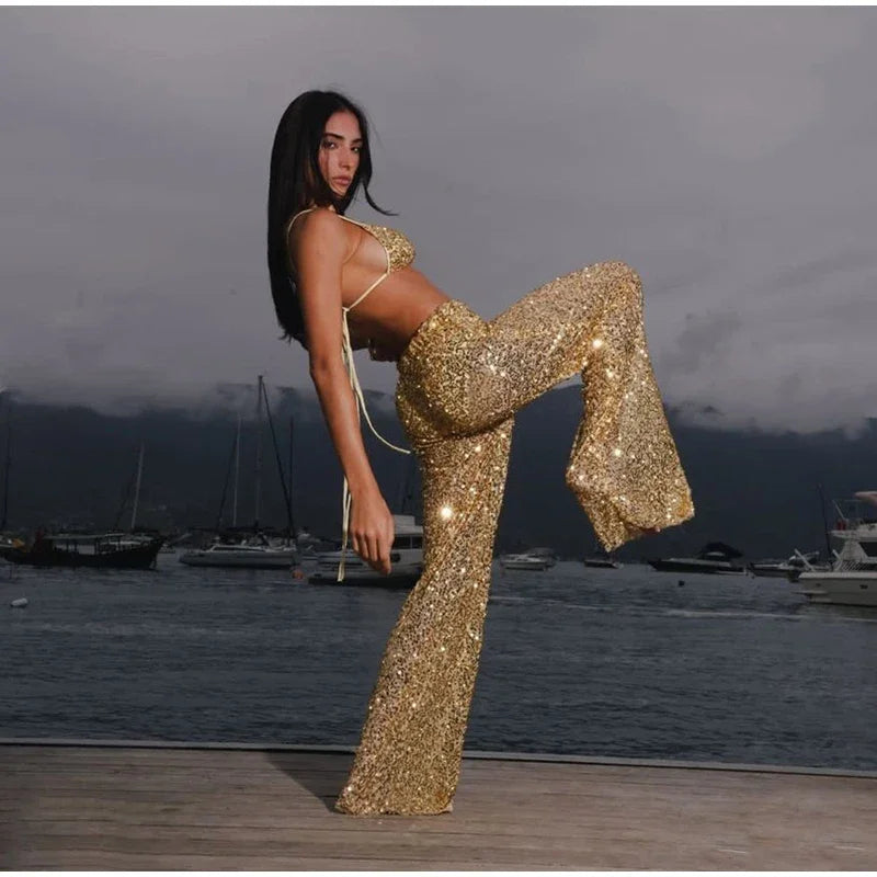 Sexy Sequin Bikini Pants 2-Piece Set | Off-Shoulder Halter, Sleeveless, Holiday Beach Outfit, S-L