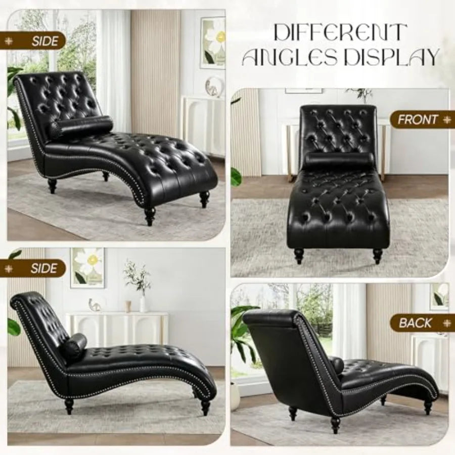Black Faux Leather Chaise Lounge with Toss Pillow