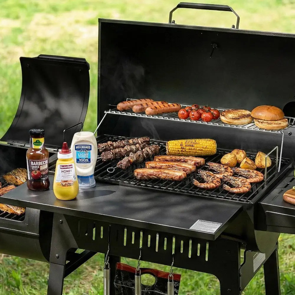 Large 824 Sq. In. Charcoal Grill with Offset Smoker | Tool Hooks, Bottom Shelf, Adjustable Charcoal Pan, Molded Wheels