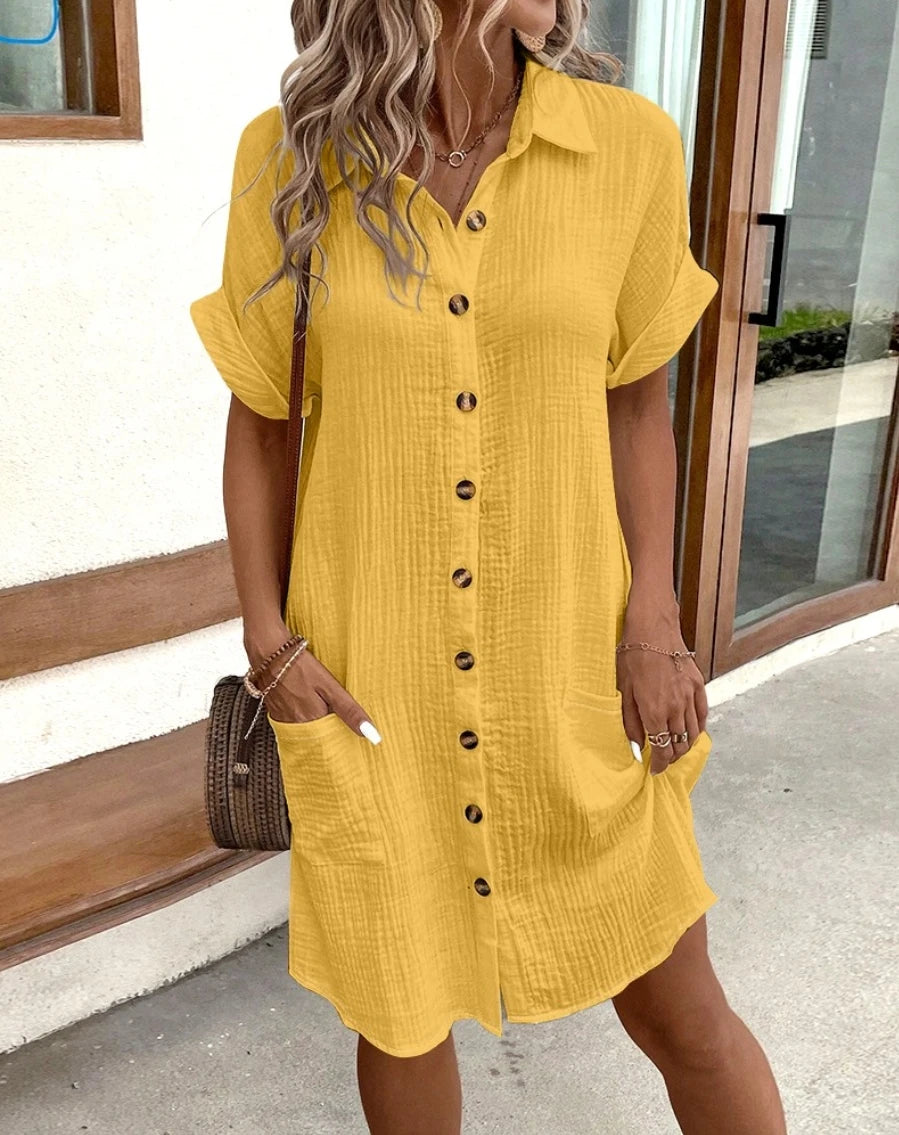 V-Neck Cotton Linen Mini Dress — Three-Quarter Sleeve Casual Holiday Dress
