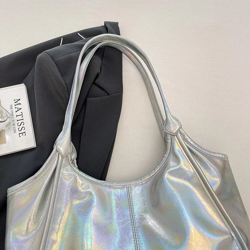 Silver TPU Large Capacity Tote Bag – Luxury Business Shoulder Handbag for Women