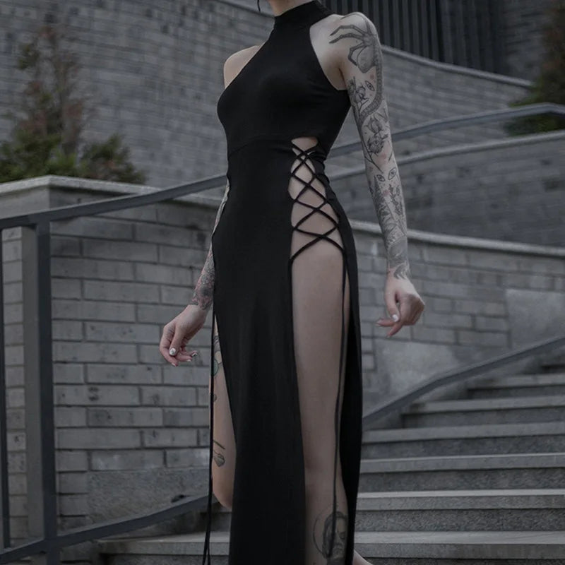 Gothic Halter Bandage Midi Dress — High Split Sexy Alt Partywear