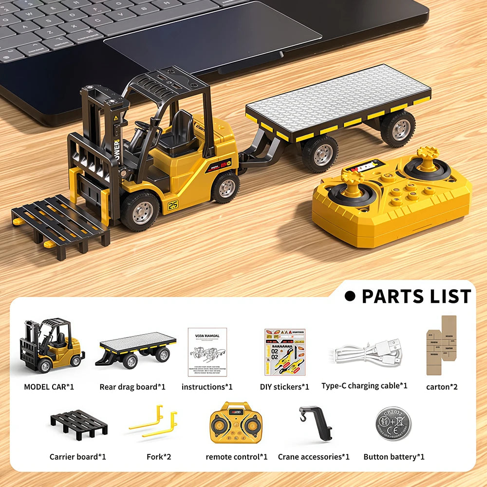 1:64 Mini RC Crane & Forklift 2-in-1 – Bluetooth Alloy Toy Car with Trailer
