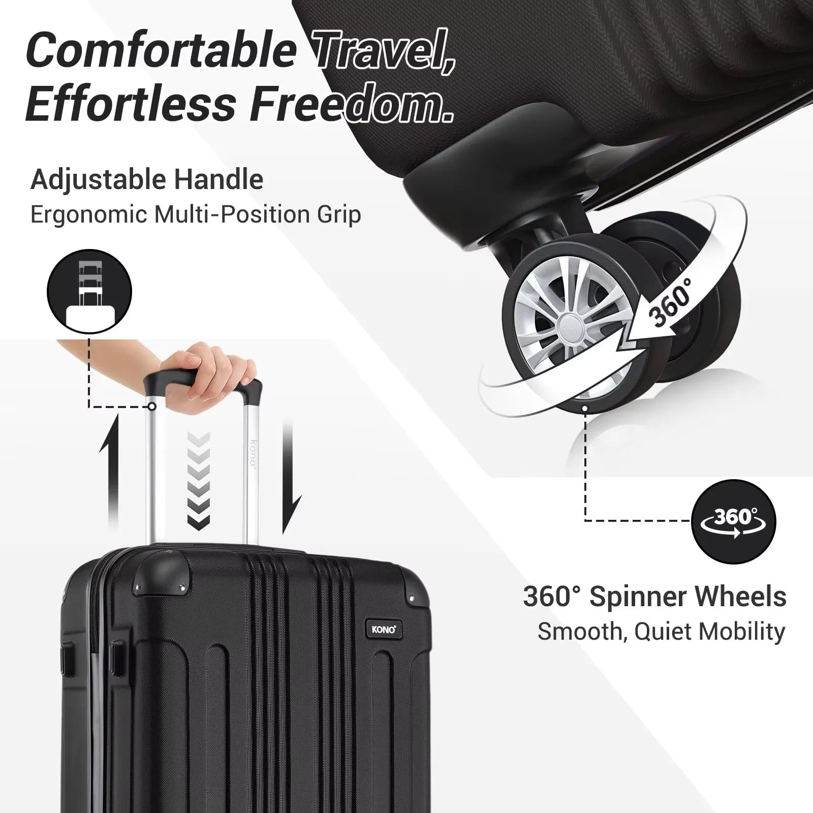 Kono ABS Hard Shell Spinner Luggage — 4-Wheel 360° Trolley Suitcase (19"/24"/28")
