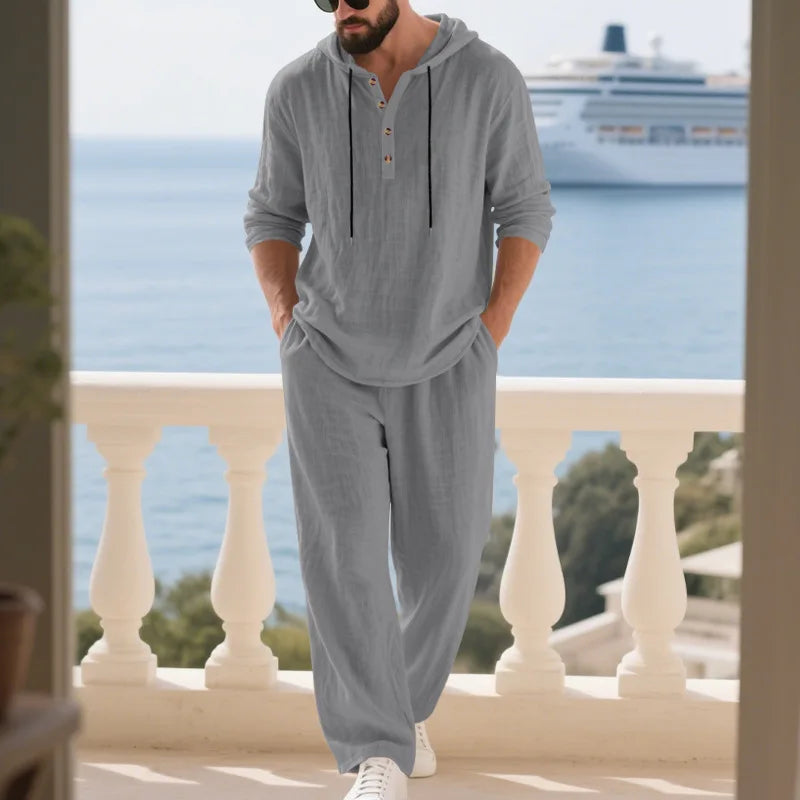Men's Linen Casual Loose Hooded Henley Shirt & Long Pants Set – Relaxed Autumn 2-Piece Suit
