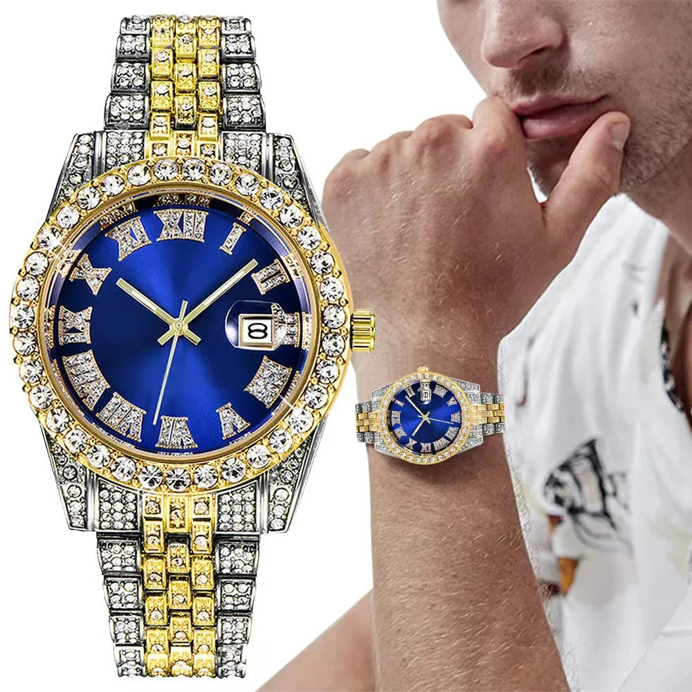 Men's Classic Golden Roman Rhinestone Quartz Watch | Steel Strap Calendar Fashion Wristwatch
