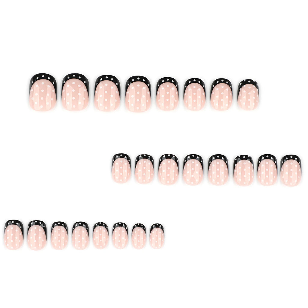 French Press-On Nails – 24-Piece Short Round False Nail Tips, Black & White Polka Dot & Nude Designs, 4 Styles