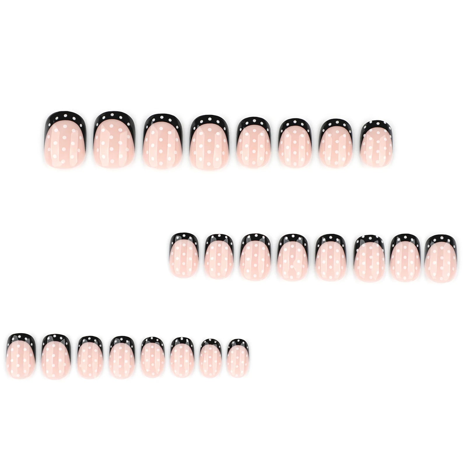French Press-On Nails – 24-Piece Short Round False Nail Tips, Black & White Polka Dot & Nude Designs, 4 Styles