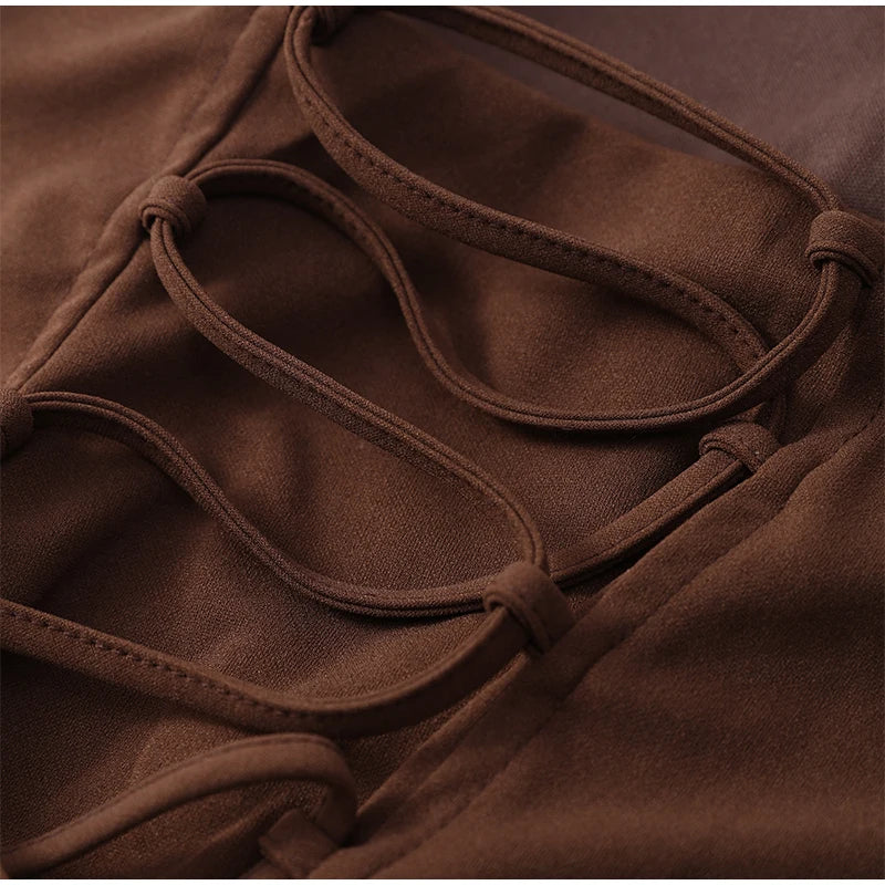 Brown Square-Neck Pleated Mini Dress — Sleeveless Backless Bodycon Club Dress