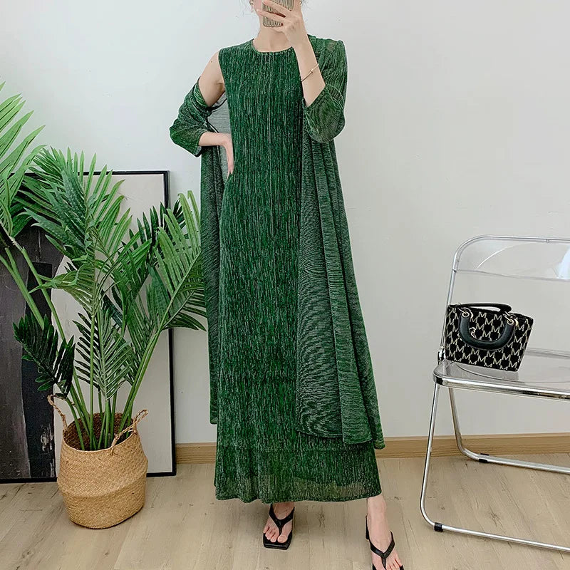 Metallic Pleated Two-Piece Long Dress Set — Casual Loose Ankle-Length Fashion Outfit