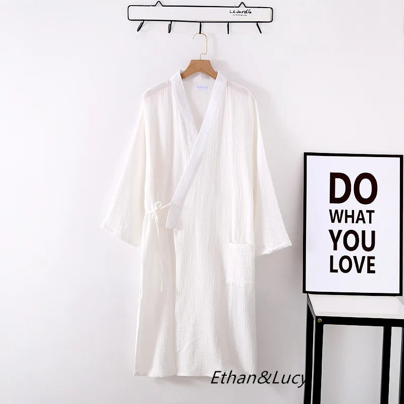 Couples 100% Cotton Crepe Gauze Robe | Long-Sleeve V-Neck Kimono Wedding Bathrobe