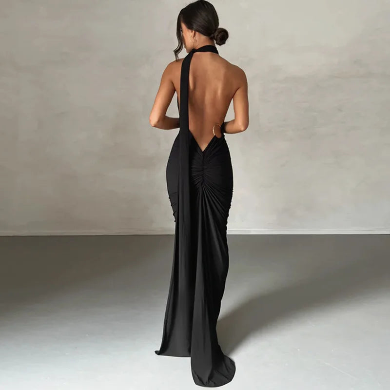 Backless Ruched Slim Bodycon Maxi Dress — Elegant Formal Wedding Guest Evening Dress